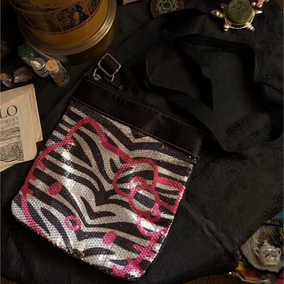 Sanrio Hello Kitty Sequin Animal Print Crossbody Bag Black White Pink Zebra Y2K - Picture 1 of 9